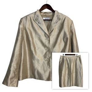 Le Suit skirt suit set womens 18W gold metallic shiny wedding formal career bead